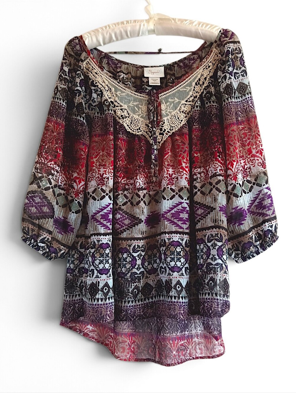Shyanne Sheer Boho Peasant Top with Lace Trim Red Gray Purple Flowy Western LG